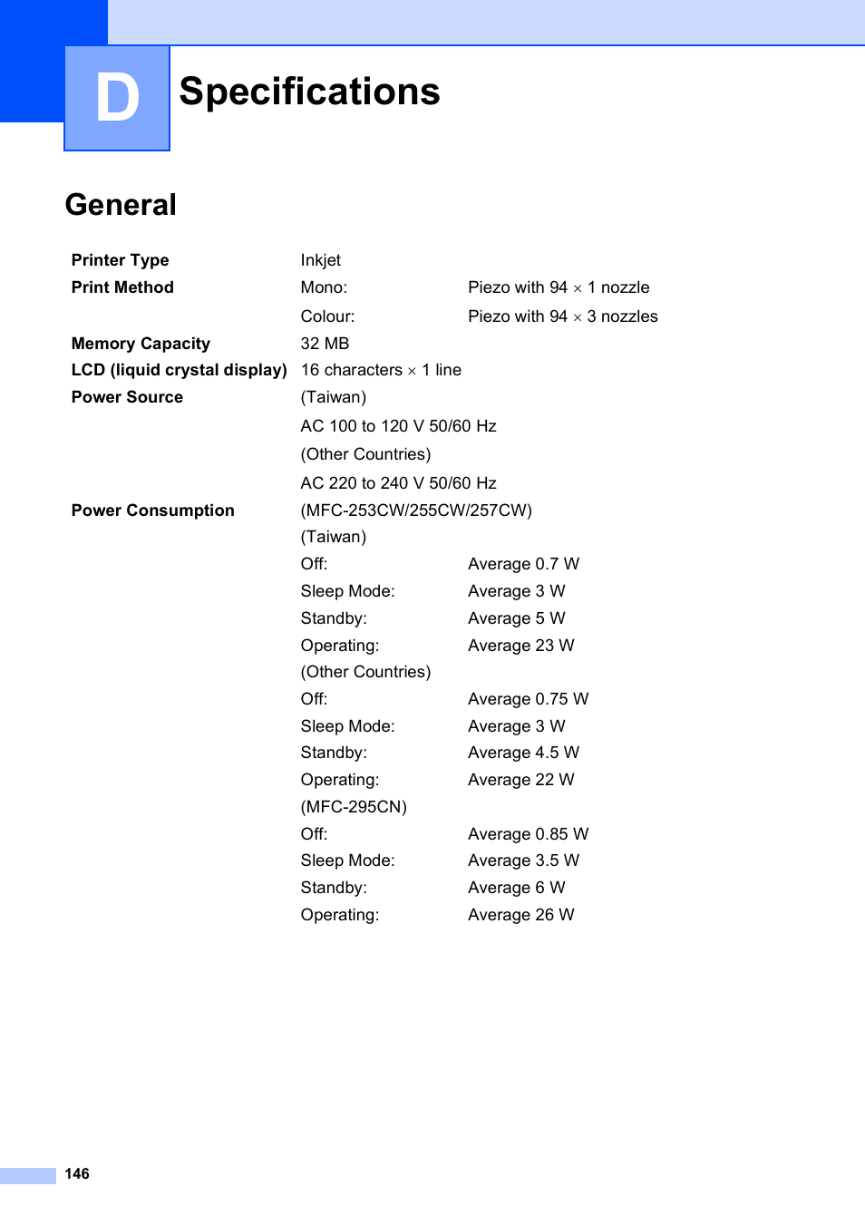 D specifications, General, Specifications | Brother MFC-253CW User Manual | Page 156 / 176