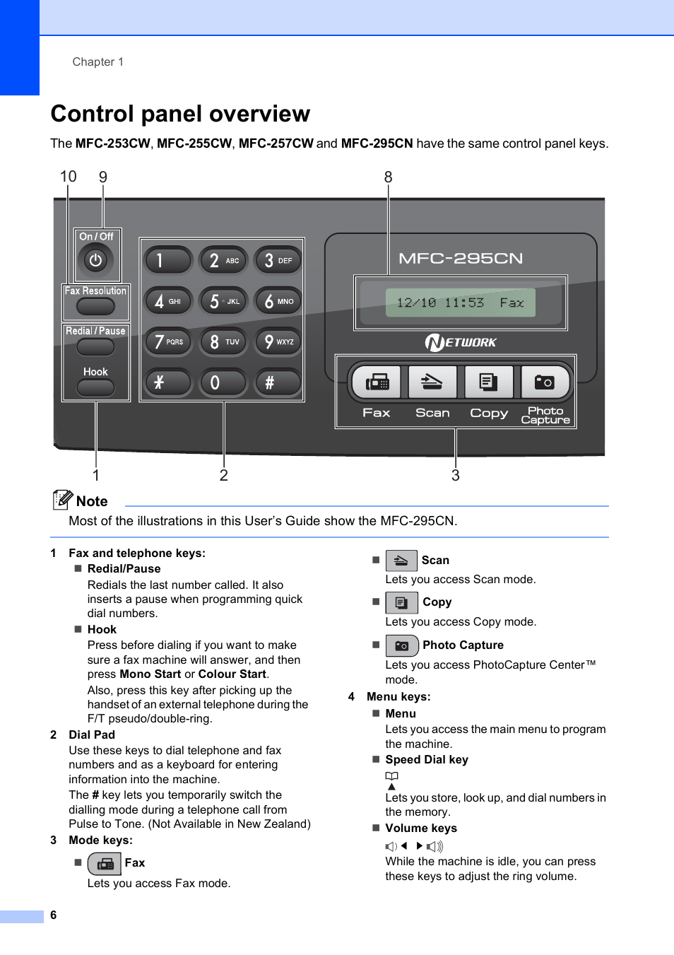 Control panel overview | Brother MFC-253CW User Manual | Page 16 / 176