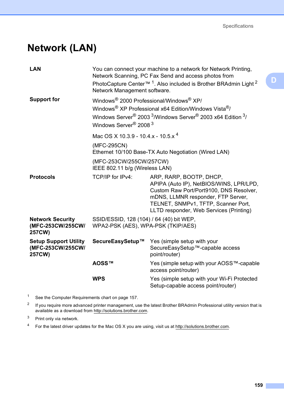 Network (lan) | Brother MFC-253CW User Manual | Page 169 / 176