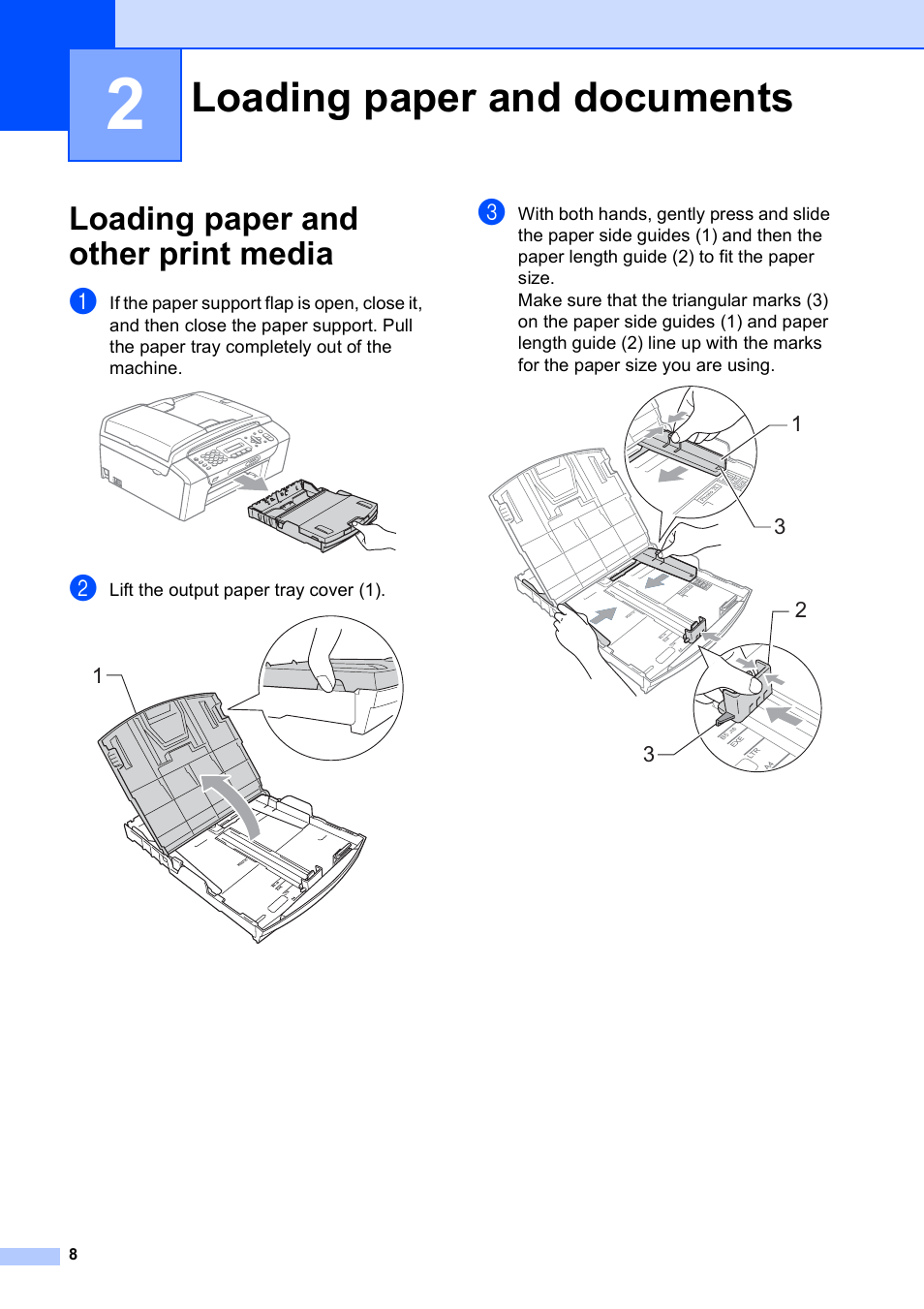 2 loading paper and documents, Loading paper and other print media, Loading paper and documents | Brother MFC-253CW User Manual | Page 18 / 176