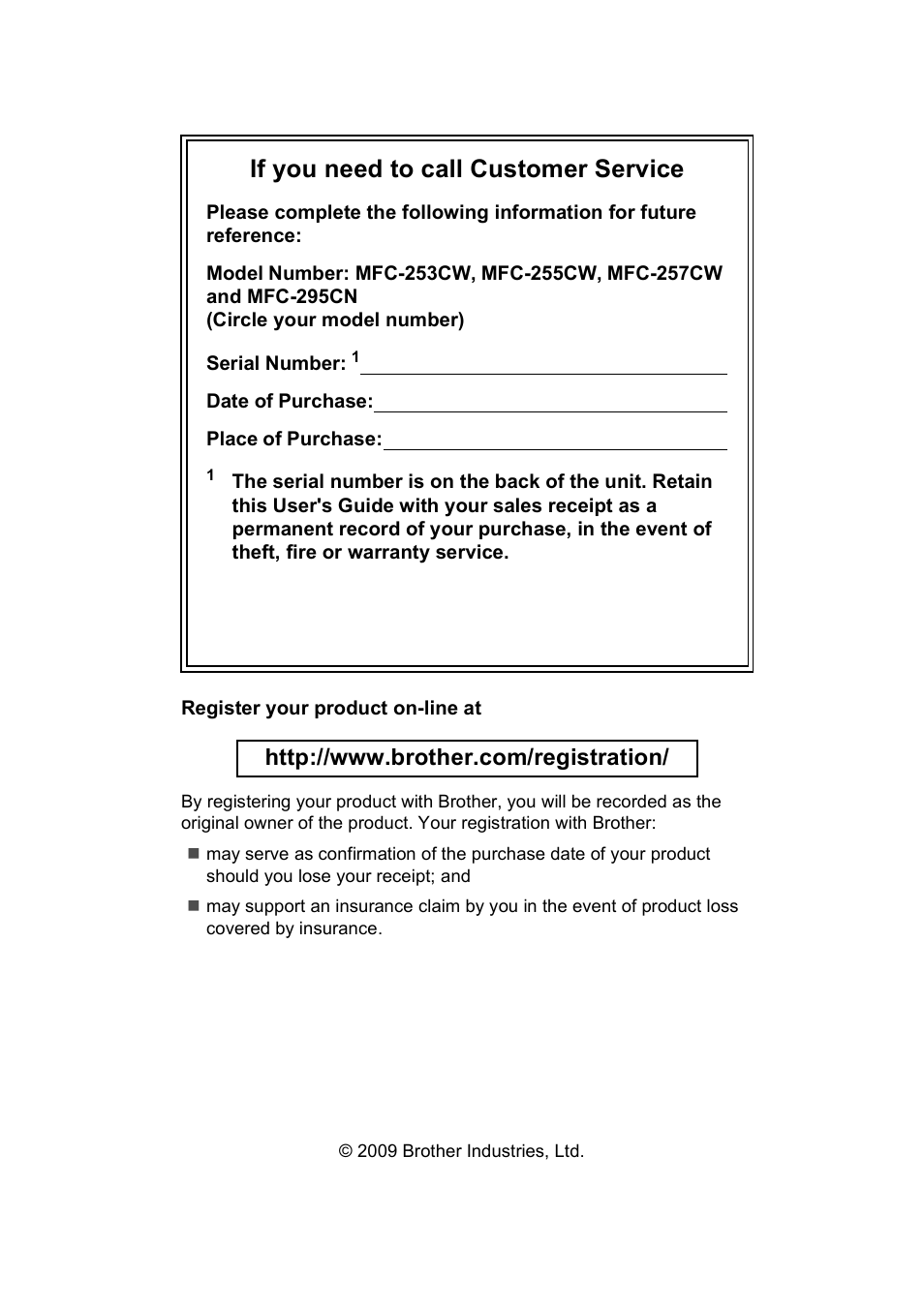 If you need to call customer service | Brother MFC-253CW User Manual | Page 2 / 176