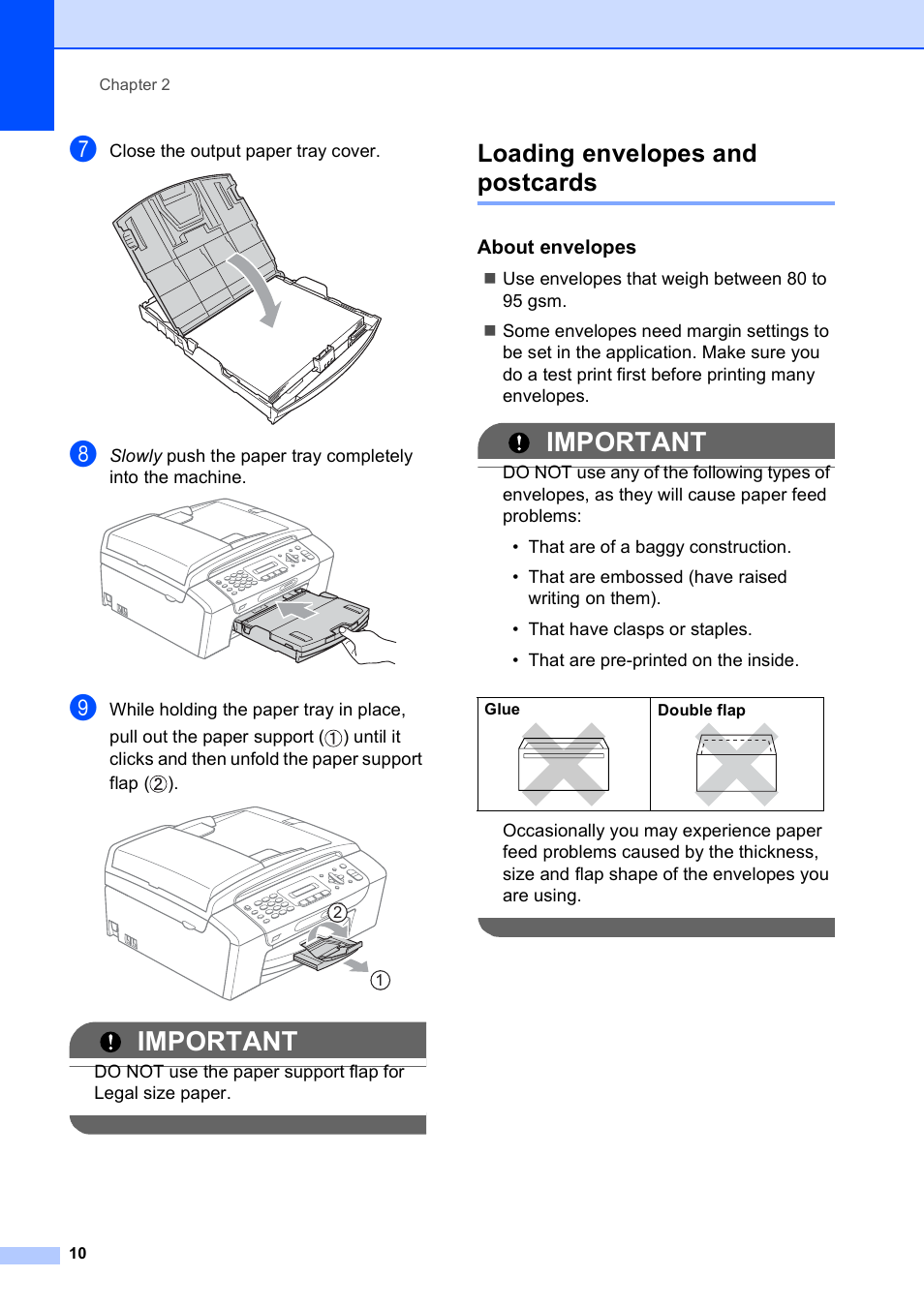 Loading envelopes and postcards, About envelopes, Important | Brother MFC-253CW User Manual | Page 20 / 176