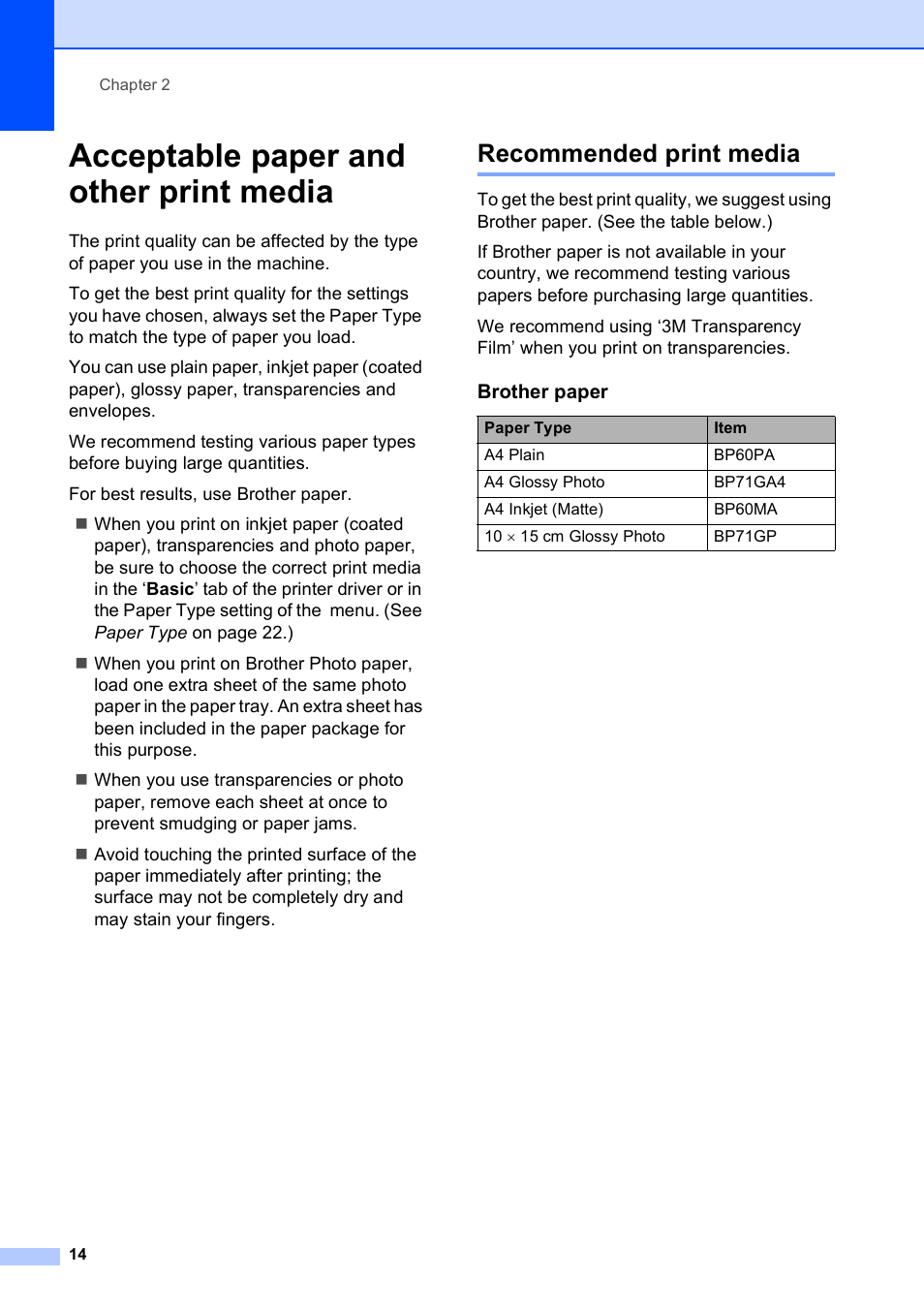 Acceptable paper and other print media, Recommended print media | Brother MFC-253CW User Manual | Page 24 / 176
