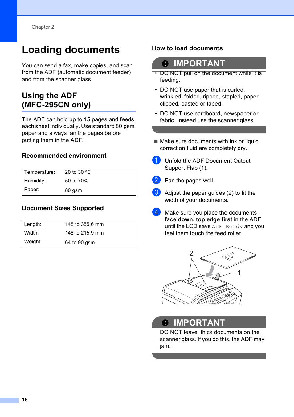 Loading documents, Using the adf (mfc-295cn only), Recommended environment | Document sizes supported, How to load documents, Important | Brother MFC-253CW User Manual | Page 28 / 176