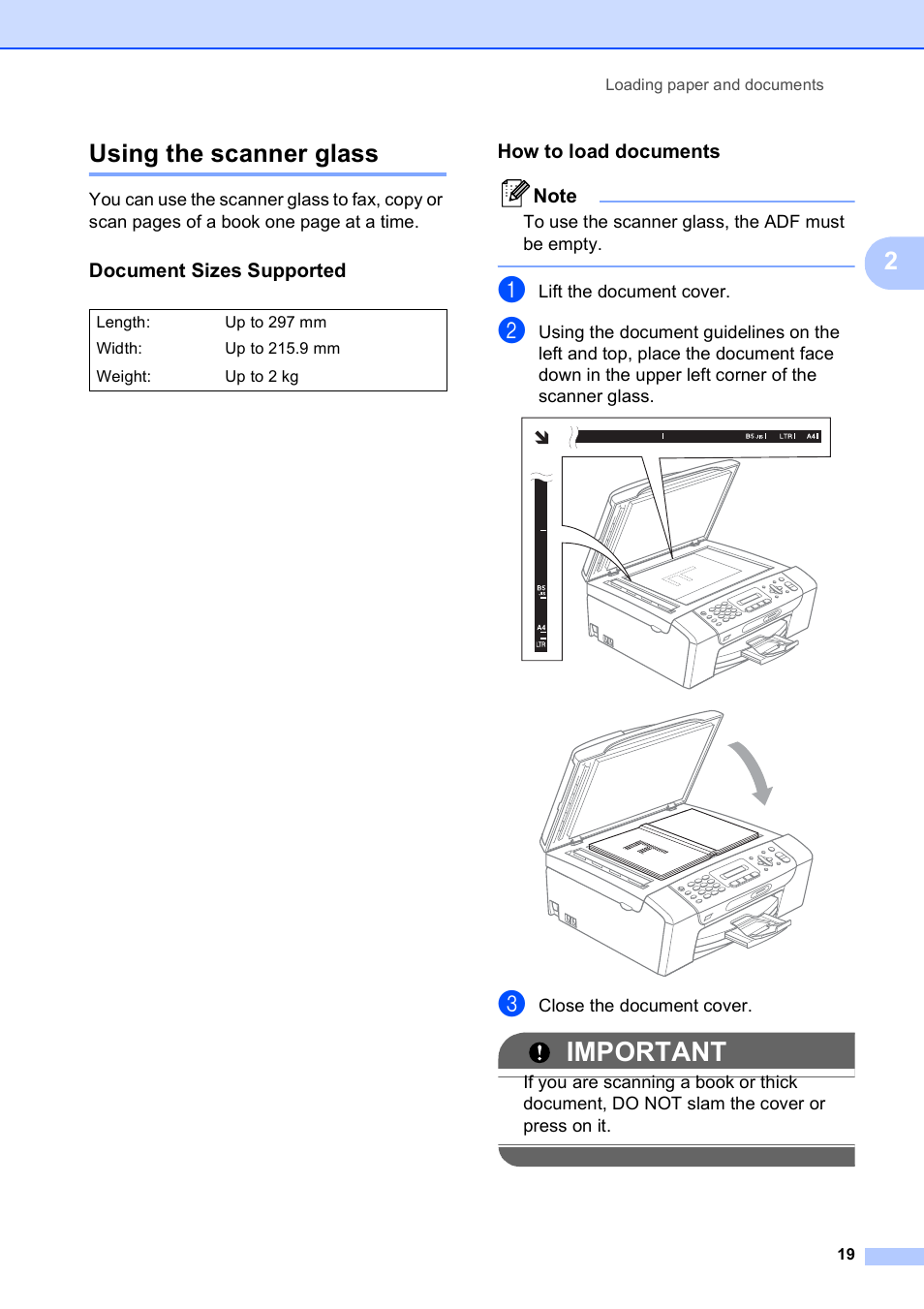 Using the scanner glass, Document sizes supported, How to load documents | Important, 2using the scanner glass | Brother MFC-253CW User Manual | Page 29 / 176