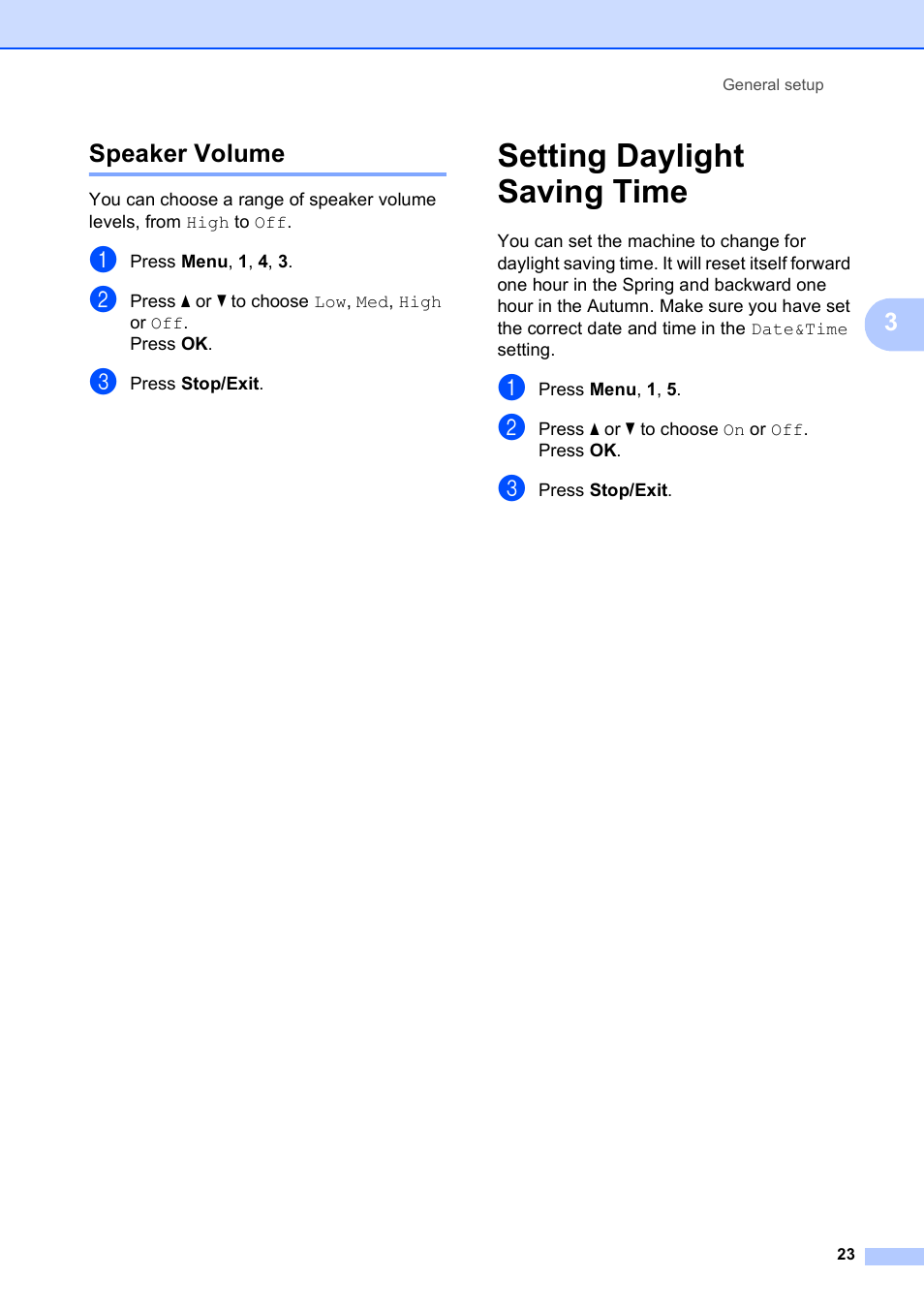 Speaker volume, Setting daylight saving time, 3speaker volume | Brother MFC-253CW User Manual | Page 33 / 176