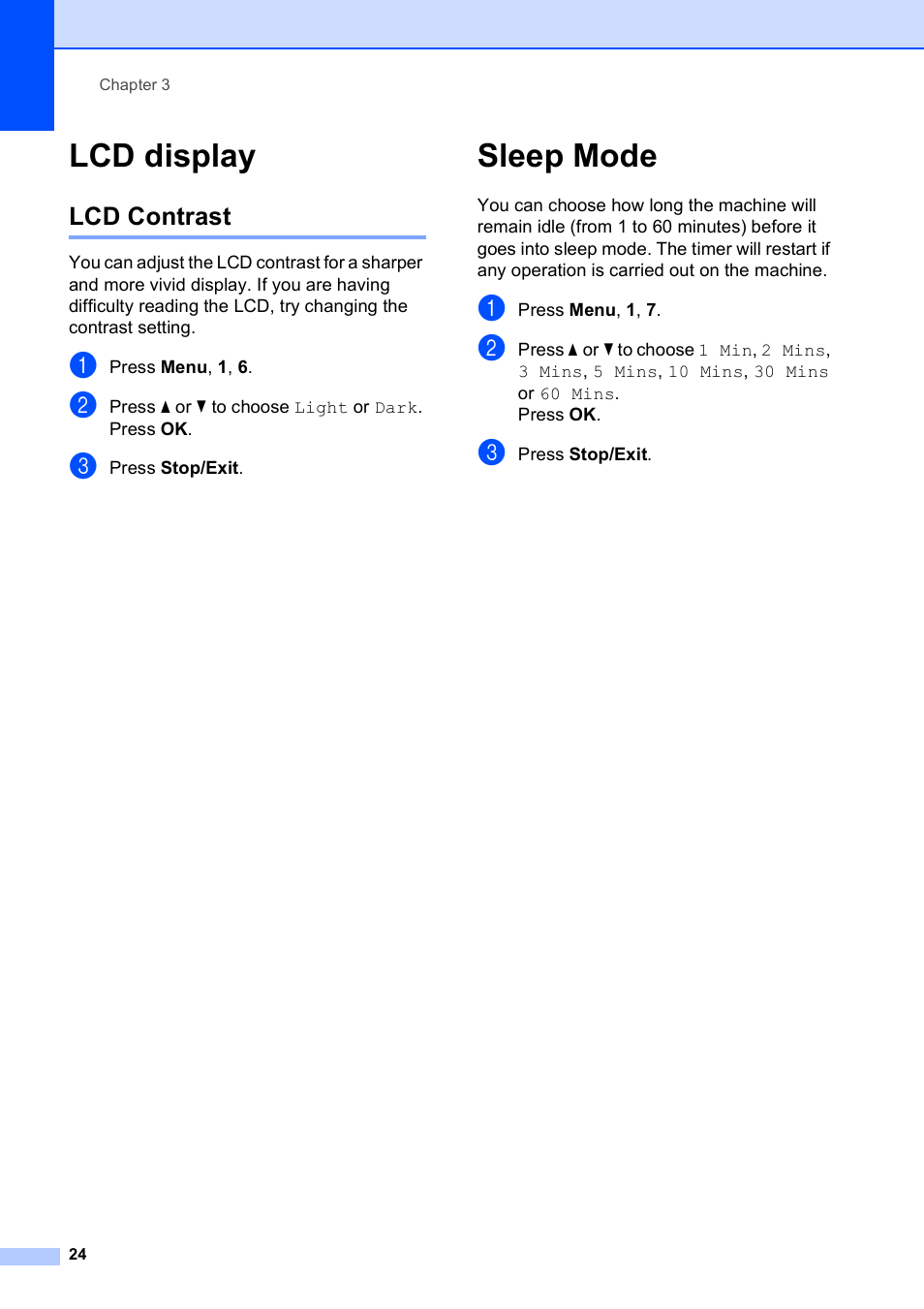 Lcd display, Lcd contrast, Sleep mode | Brother MFC-253CW User Manual | Page 34 / 176