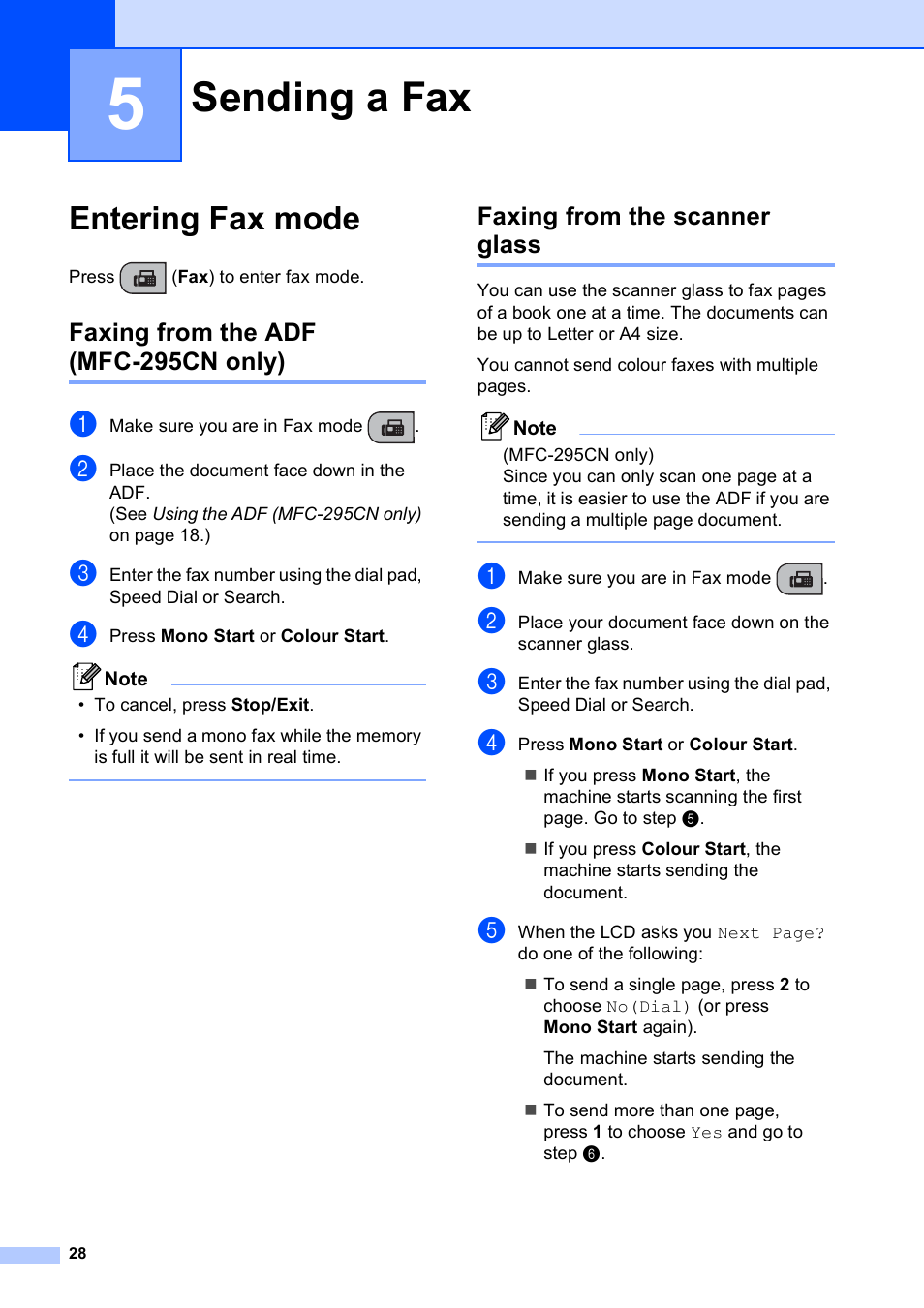 5 sending a fax, Entering fax mode, Faxing from the adf (mfc-295cn only) | Faxing from the scanner glass, Sending a fax | Brother MFC-253CW User Manual | Page 38 / 176
