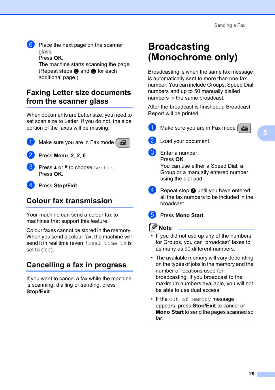 Colour fax transmission, Cancelling a fax in progress, Broadcasting (monochrome only) | Brother MFC-253CW User Manual | Page 39 / 176