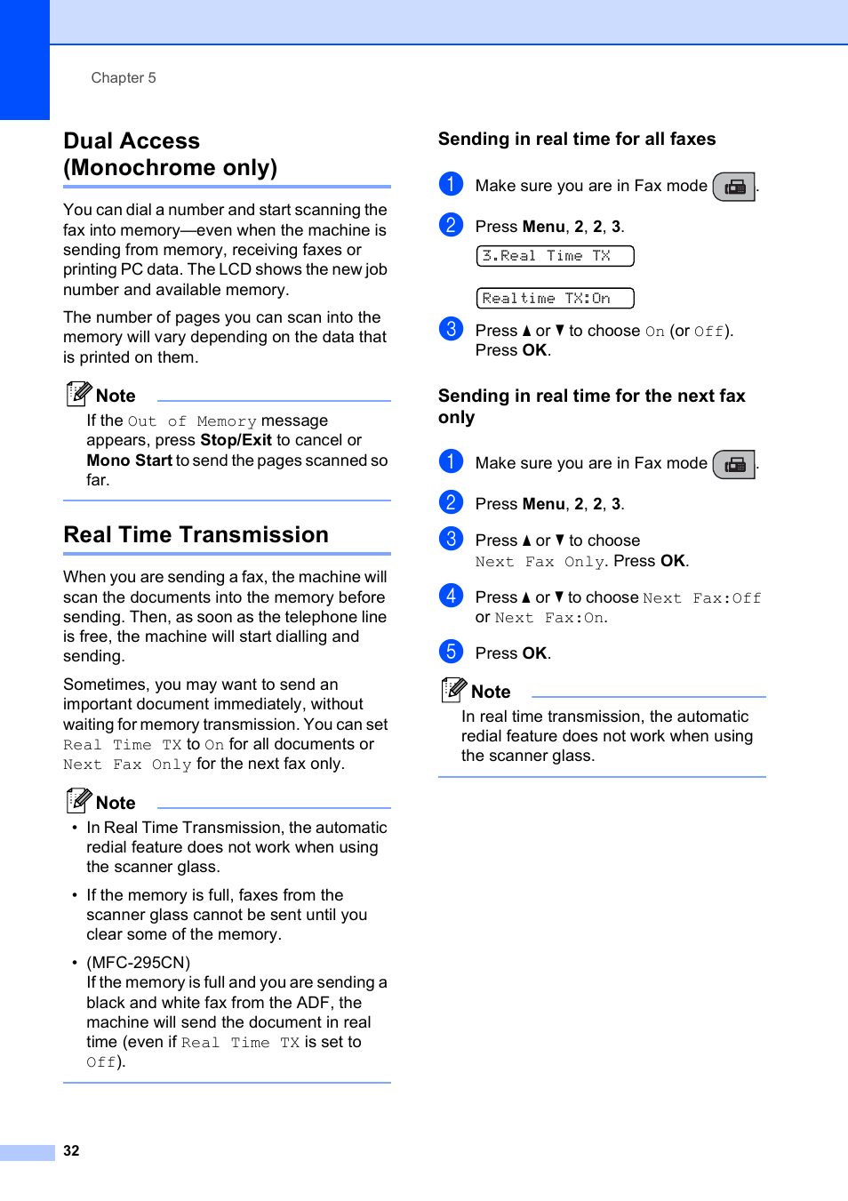 Dual access (monochrome only), Real time transmission, Sending in real time for all faxes | Sending in real time for the next fax only | Brother MFC-253CW User Manual | Page 42 / 176