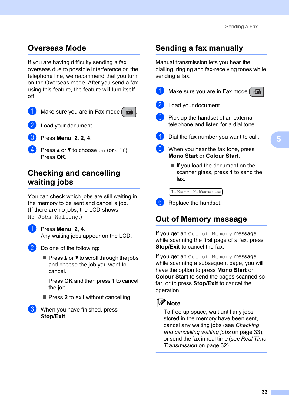 Overseas mode, Checking and cancelling waiting jobs, Sending a fax manually | Out of memory message, 5overseas mode | Brother MFC-253CW User Manual | Page 43 / 176