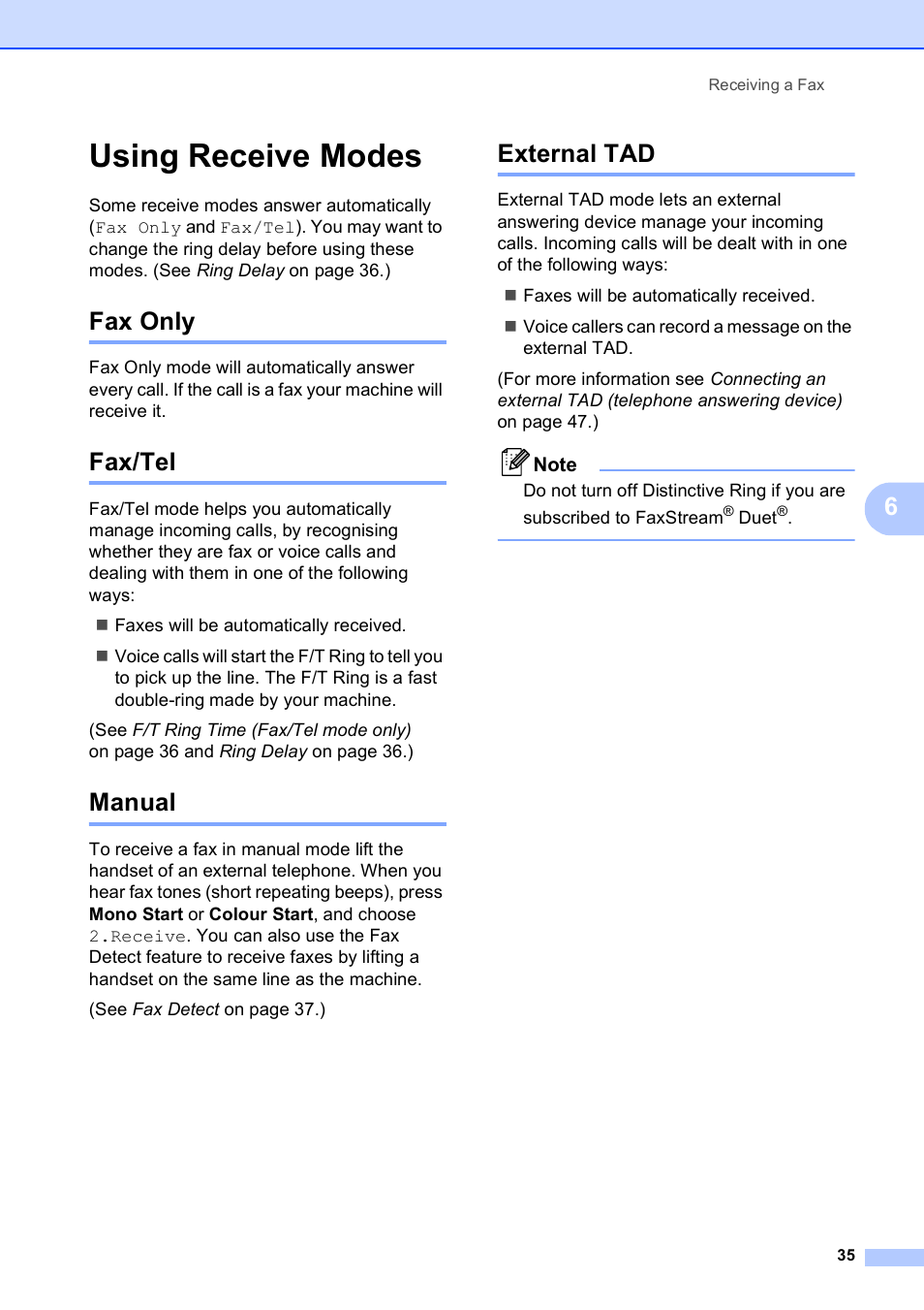 Using receive modes, Fax only, Fax/tel | Manual, External tad, Fax only fax/tel manual external tad | Brother MFC-253CW User Manual | Page 45 / 176