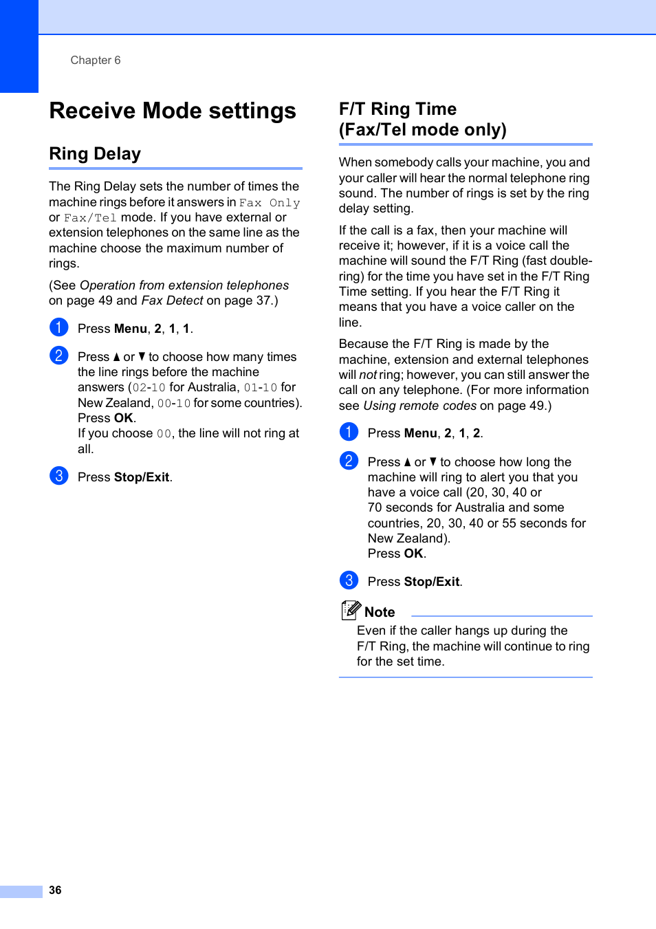 Receive mode settings, Ring delay, F/t ring time (fax/tel mode only) | Ring delay f/t ring time (fax/tel mode only) | Brother MFC-253CW User Manual | Page 46 / 176