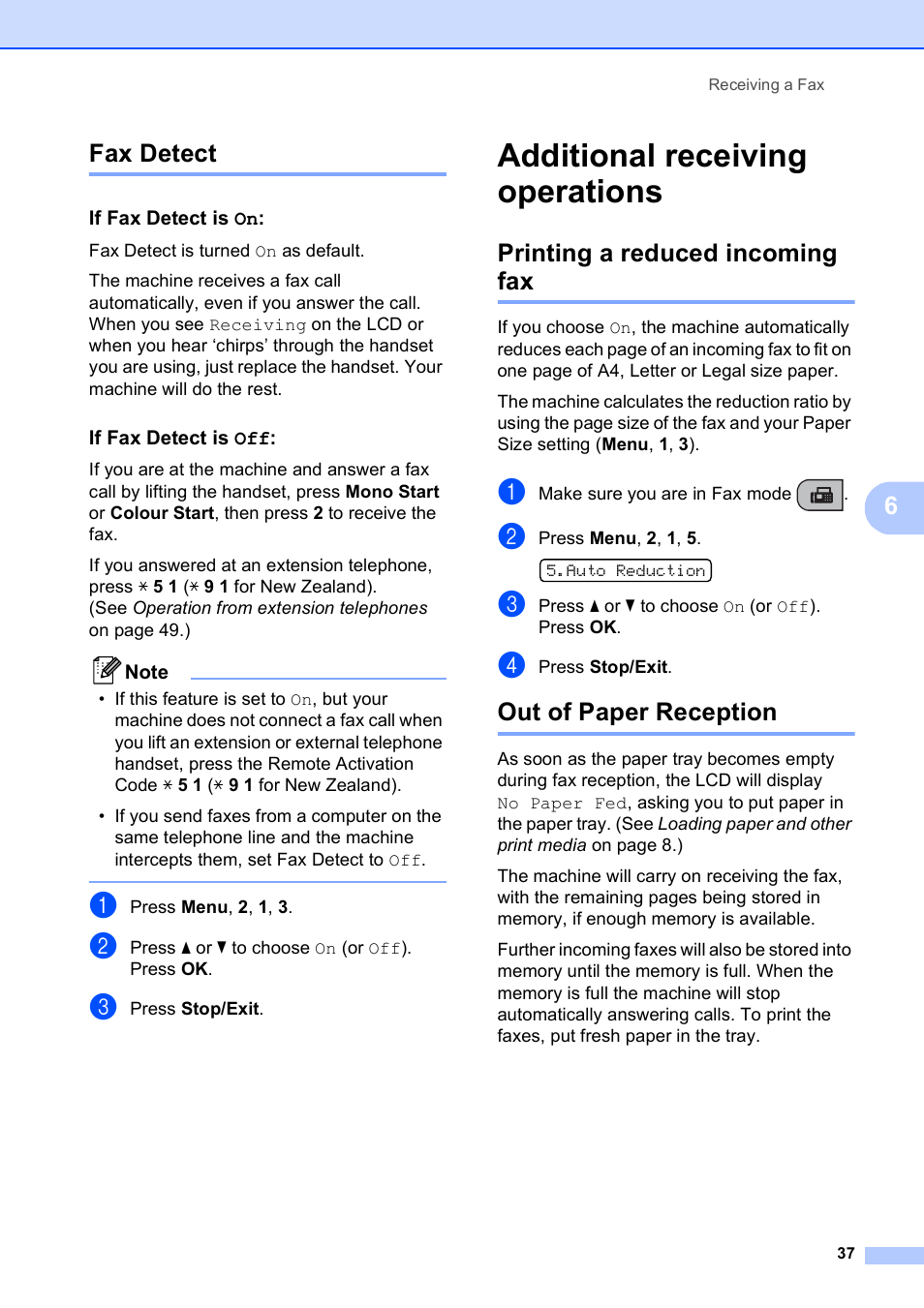 Fax detect, If fax detect is on, If fax detect is off | Additional receiving operations, Printing a reduced incoming fax, Out of paper reception, 6fax detect | Brother MFC-253CW User Manual | Page 47 / 176