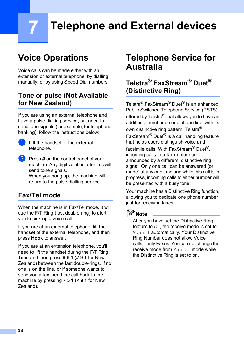7 telephone and external devices, Voice operations, Tone or pulse (not available for new zealand) | Fax/tel mode, Telephone service for australia, Telstra® faxstream® duet® (distinctive ring), Telephone and external devices, Telstra, Faxstream, Duet | Brother MFC-253CW User Manual | Page 48 / 176