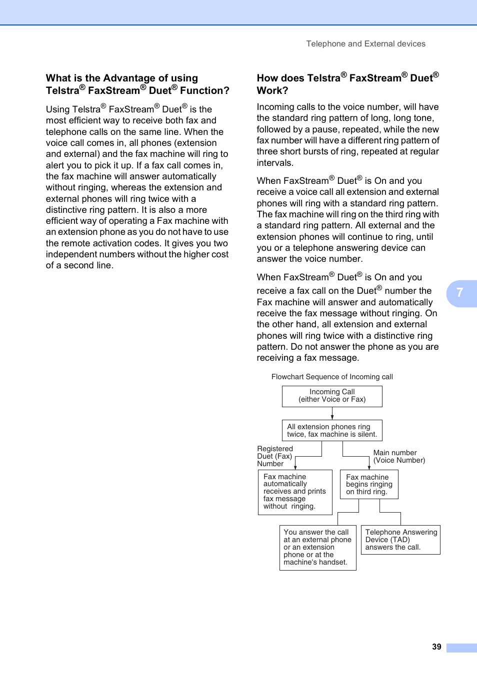 How does telstra® faxstream® duet® work, What is the advantage of using telstra, Faxstream | Duet, Function, How does telstra, Work | Brother MFC-253CW User Manual | Page 49 / 176