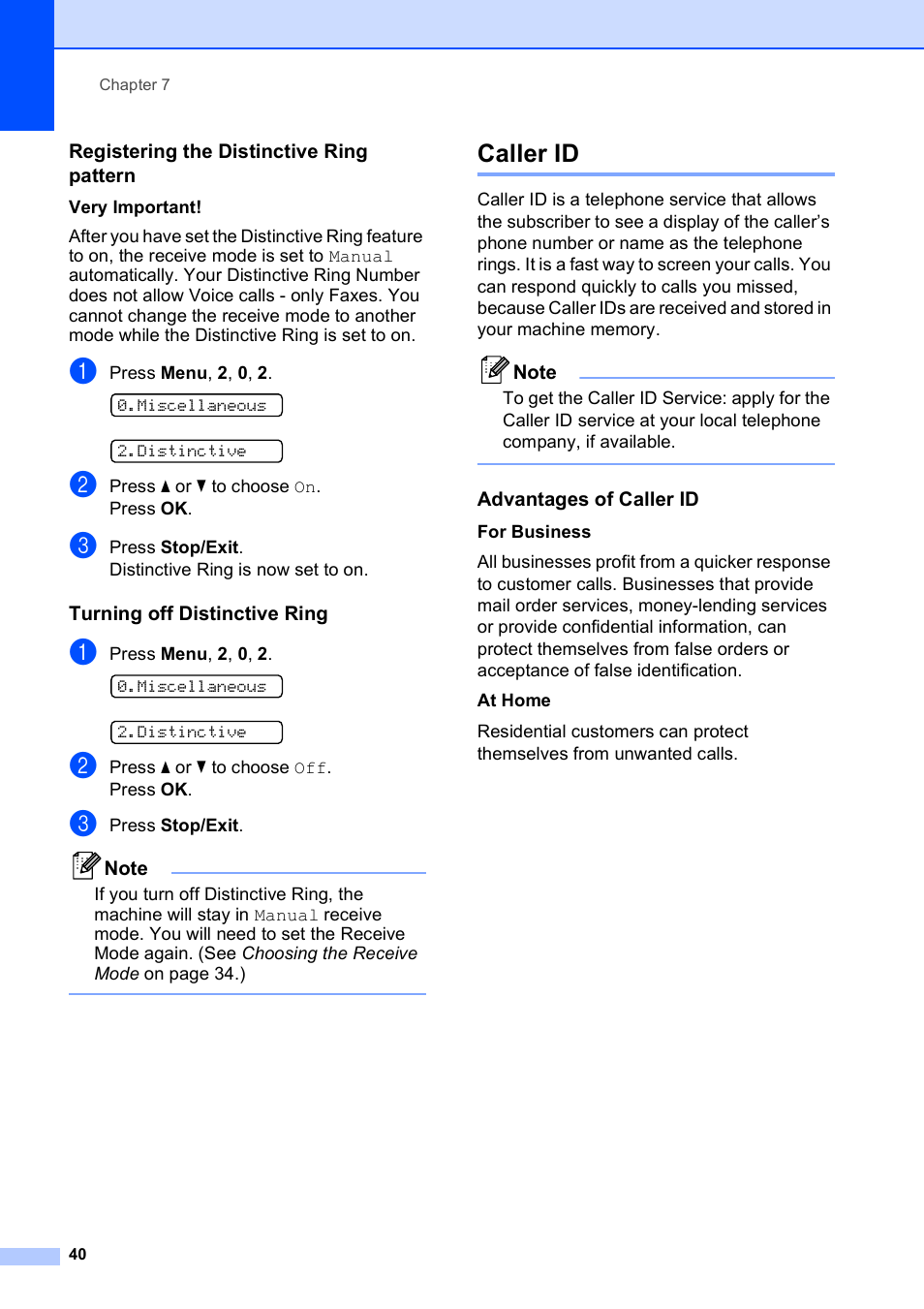 Registering the distinctive ring pattern, Turning off distinctive ring, Caller id | Advantages of caller id | Brother MFC-253CW User Manual | Page 50 / 176