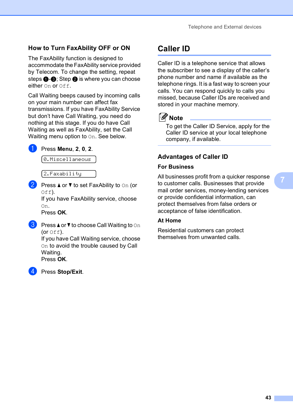 How to turn faxability off or on, Caller id, Advantages of caller id | Brother MFC-253CW User Manual | Page 53 / 176