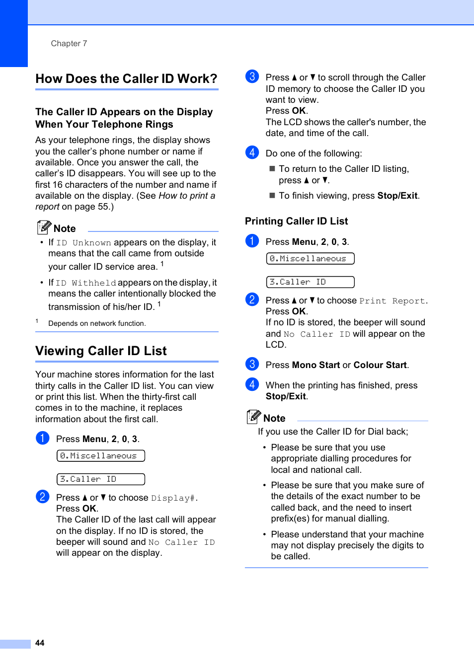 How does the caller id work, Viewing caller id list, Printing caller id list | Brother MFC-253CW User Manual | Page 54 / 176