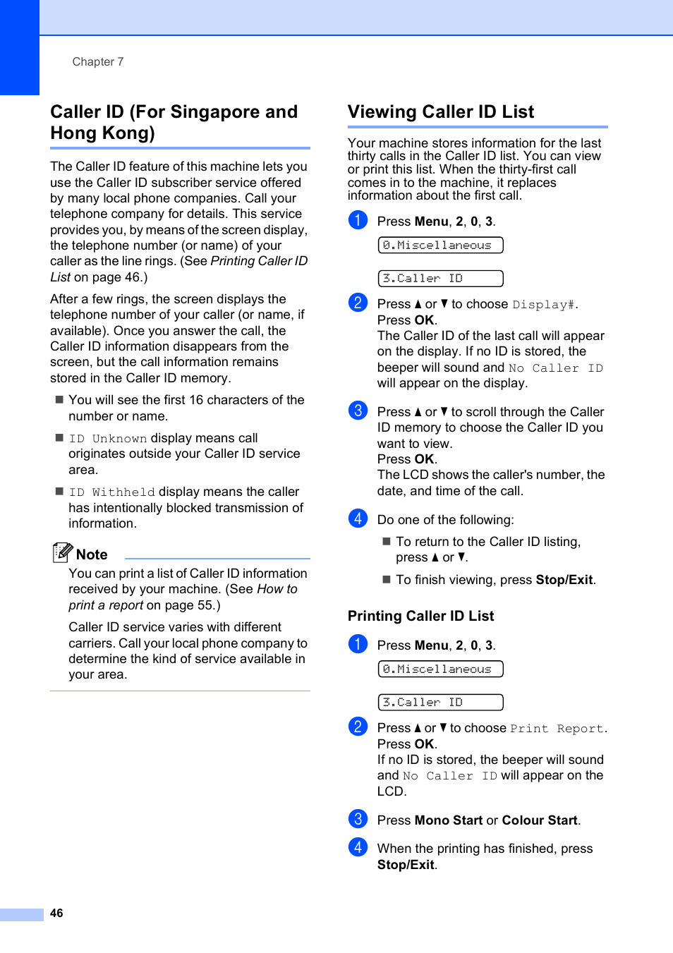 Caller id (for singapore and hong kong), Viewing caller id list, Printing caller id list | Brother MFC-253CW User Manual | Page 56 / 176