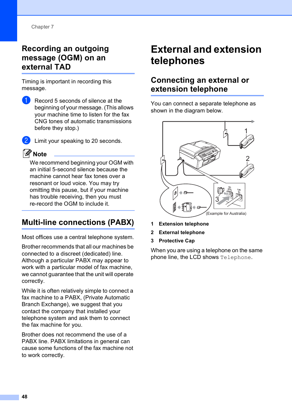 Multi-line connections (pabx), External and extension telephones, Connecting an external or extension telephone | Brother MFC-253CW User Manual | Page 58 / 176