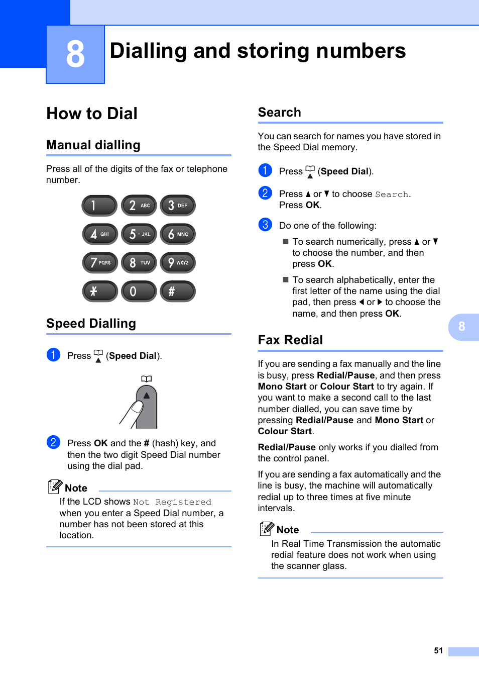 8 dialling and storing numbers, How to dial, Manual dialling | Speed dialling, Search, Fax redial, Dialling and storing numbers, Manual dialling speed dialling search fax redial | Brother MFC-253CW User Manual | Page 61 / 176