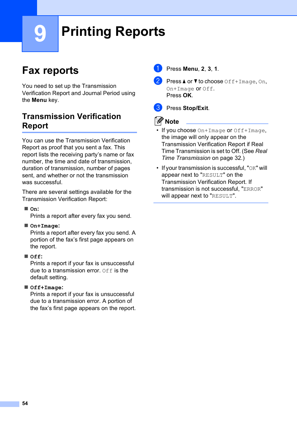 9 printing reports, Fax reports, Transmission verification report | Printing reports | Brother MFC-253CW User Manual | Page 64 / 176