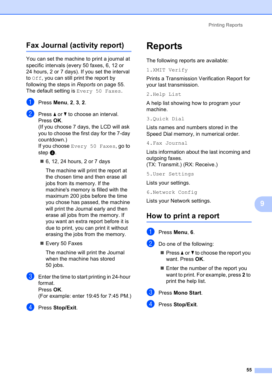 Fax journal (activity report), Reports, How to print a report | 9fax journal (activity report) | Brother MFC-253CW User Manual | Page 65 / 176