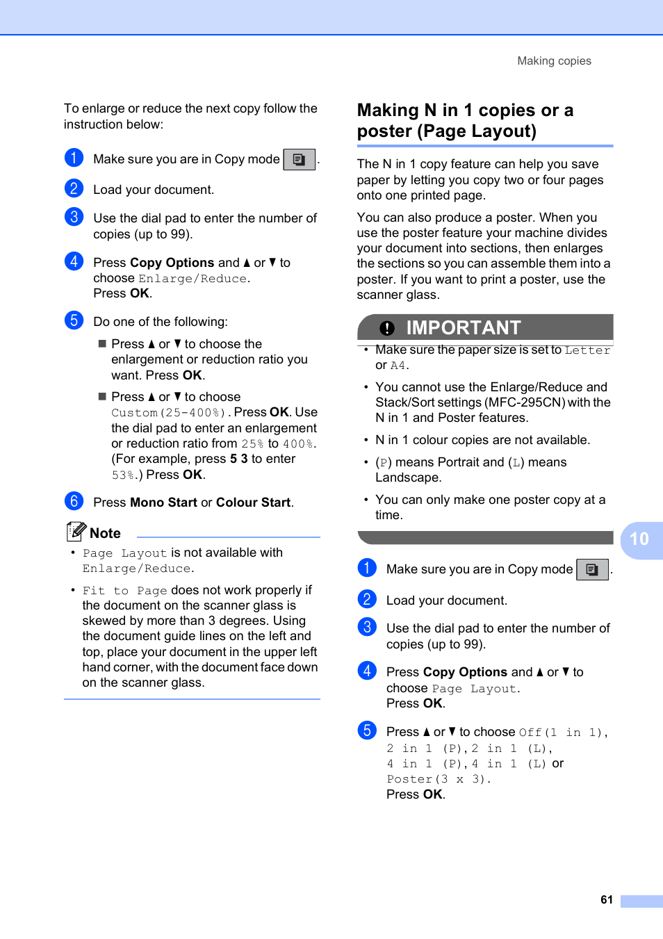Important, Making n in 1 copies or a poster (page layout) | Brother MFC-253CW User Manual | Page 71 / 176