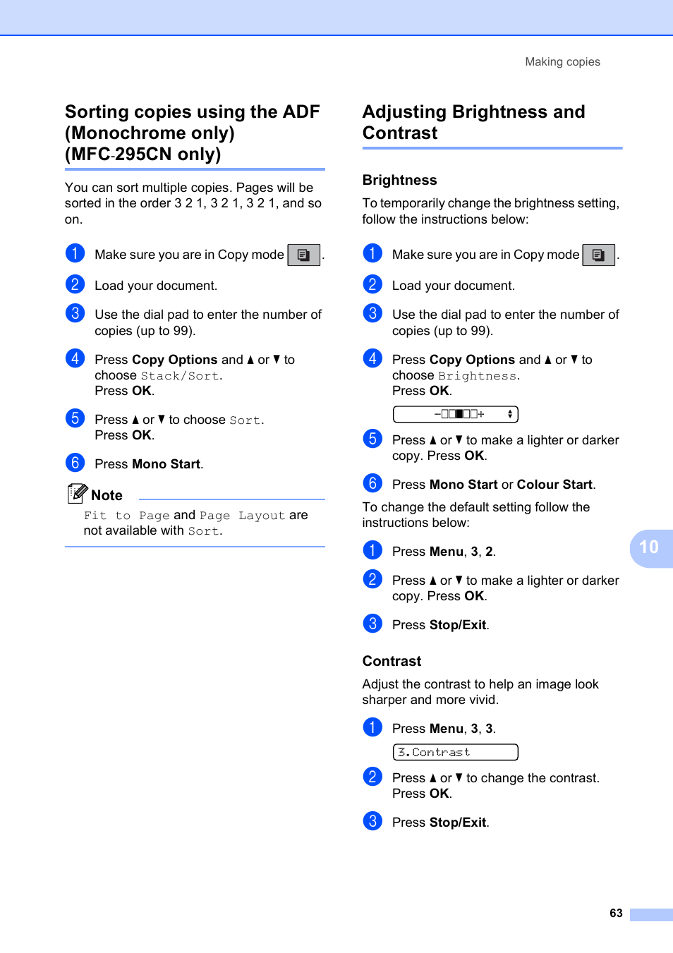 Adjusting brightness and contrast, Brightness, Contrast | 295cn only) | Brother MFC-253CW User Manual | Page 73 / 176