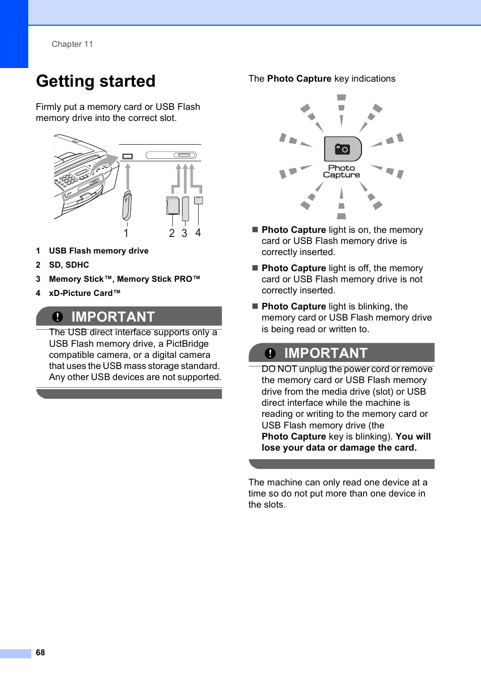Getting started, Important | Brother MFC-253CW User Manual | Page 78 / 176