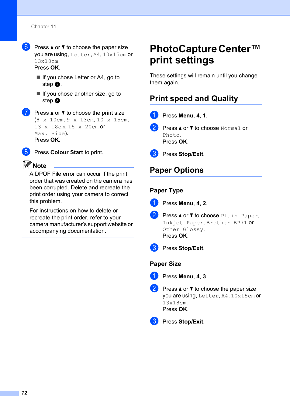Photocapture center™ print settings, Print speed and quality, Paper options | Paper type, Paper size, Print speed and quality paper options | Brother MFC-253CW User Manual | Page 82 / 176