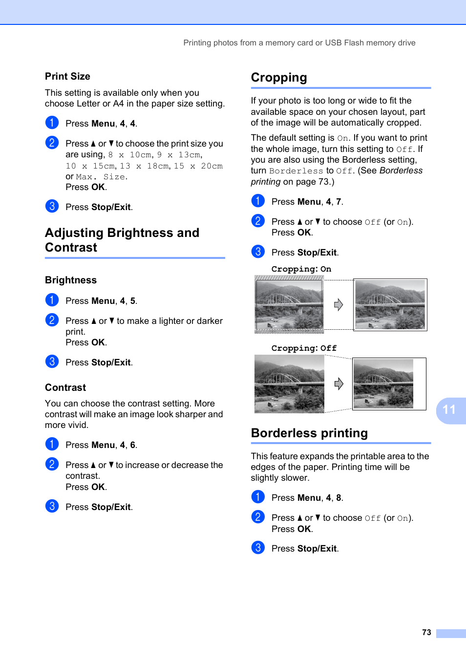 Print size, Adjusting brightness and contrast, Brightness | Contrast, Cropping, Borderless printing | Brother MFC-253CW User Manual | Page 83 / 176