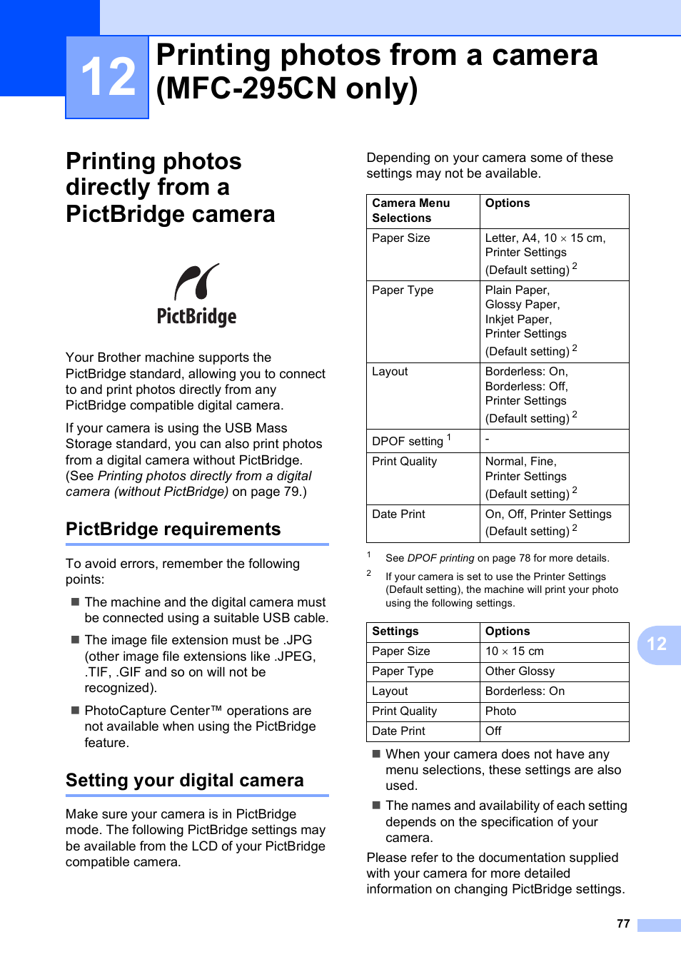 12 printing photos from a camera (mfc-295cn only), Printing photos directly from a pictbridge camera, Pictbridge requirements | Setting your digital camera, Printing photos from a camera (mfc-295cn only) | Brother MFC-253CW User Manual | Page 87 / 176