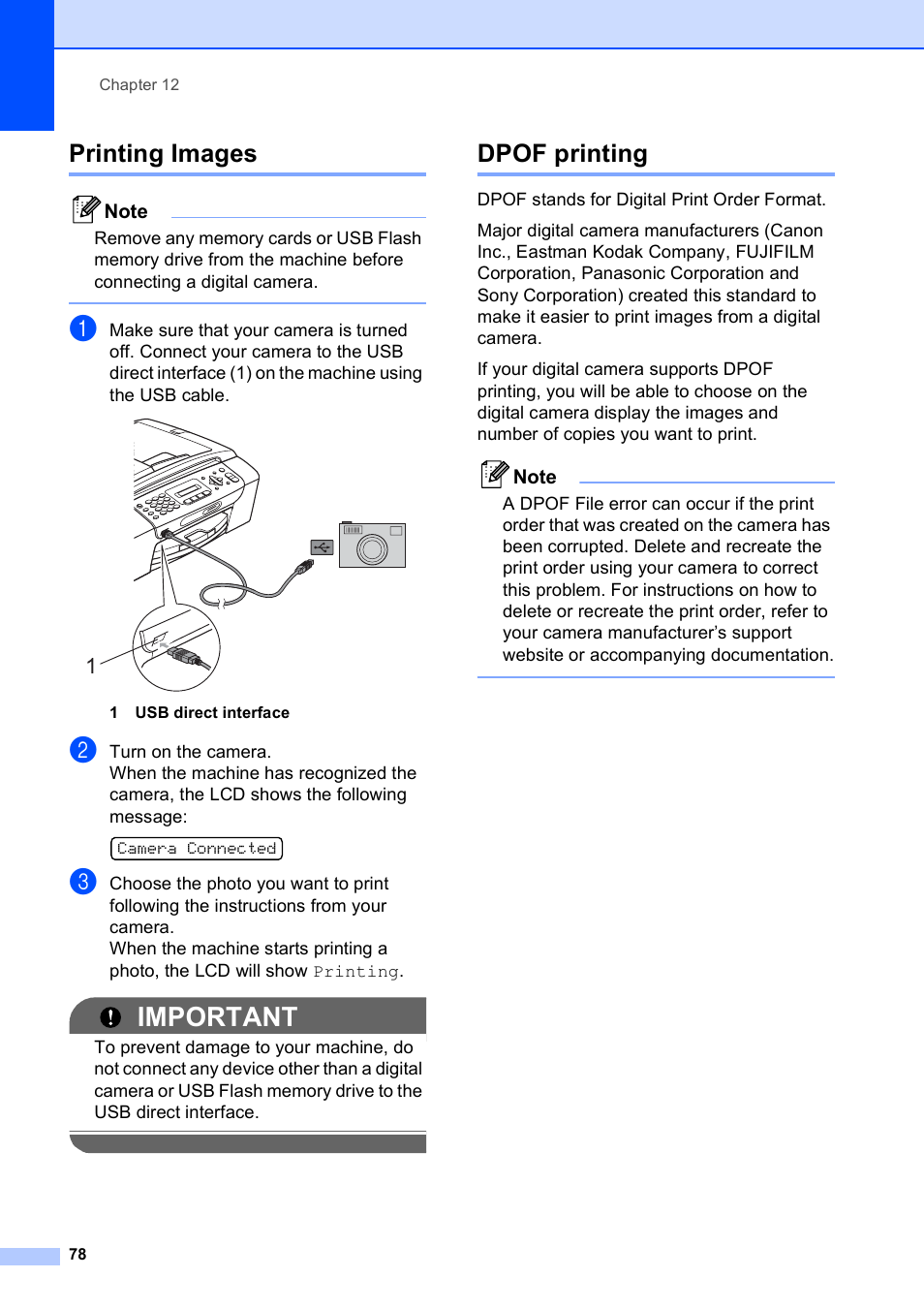 Printing images, Dpof printing, Printing images dpof printing | Important | Brother MFC-253CW User Manual | Page 88 / 176