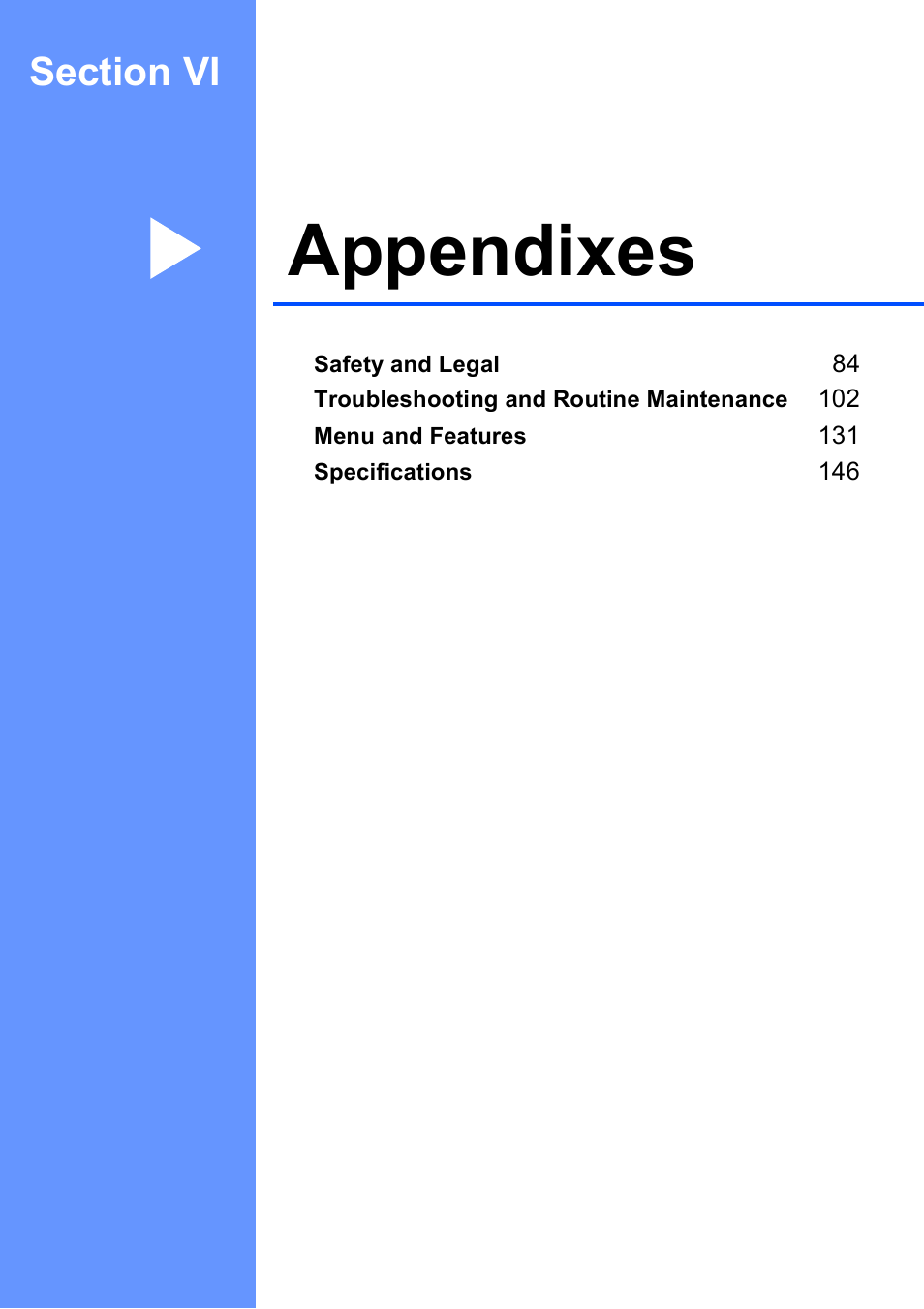 Section vi: appendixes, Section vi appendixes, Appendixes | Brother MFC-253CW User Manual | Page 93 / 176