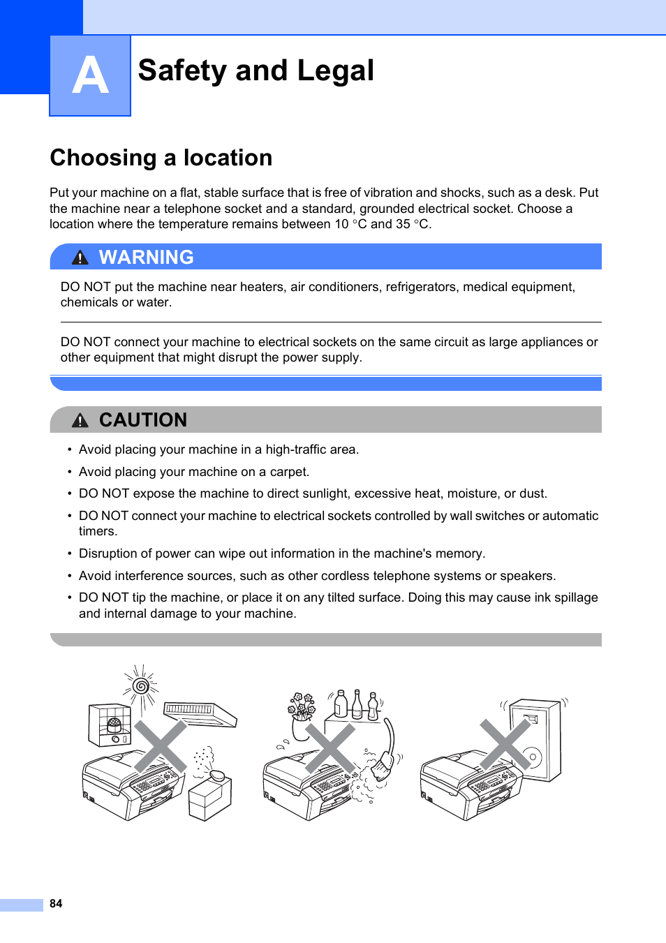 A safety and legal, Choosing a location, Safety and legal | Warning, Caution | Brother MFC-253CW User Manual | Page 94 / 176