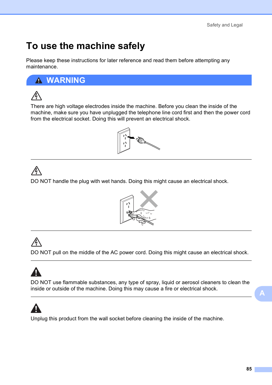 To use the machine safely, Warning, Safety and legal 85 | Brother MFC-253CW User Manual | Page 95 / 176