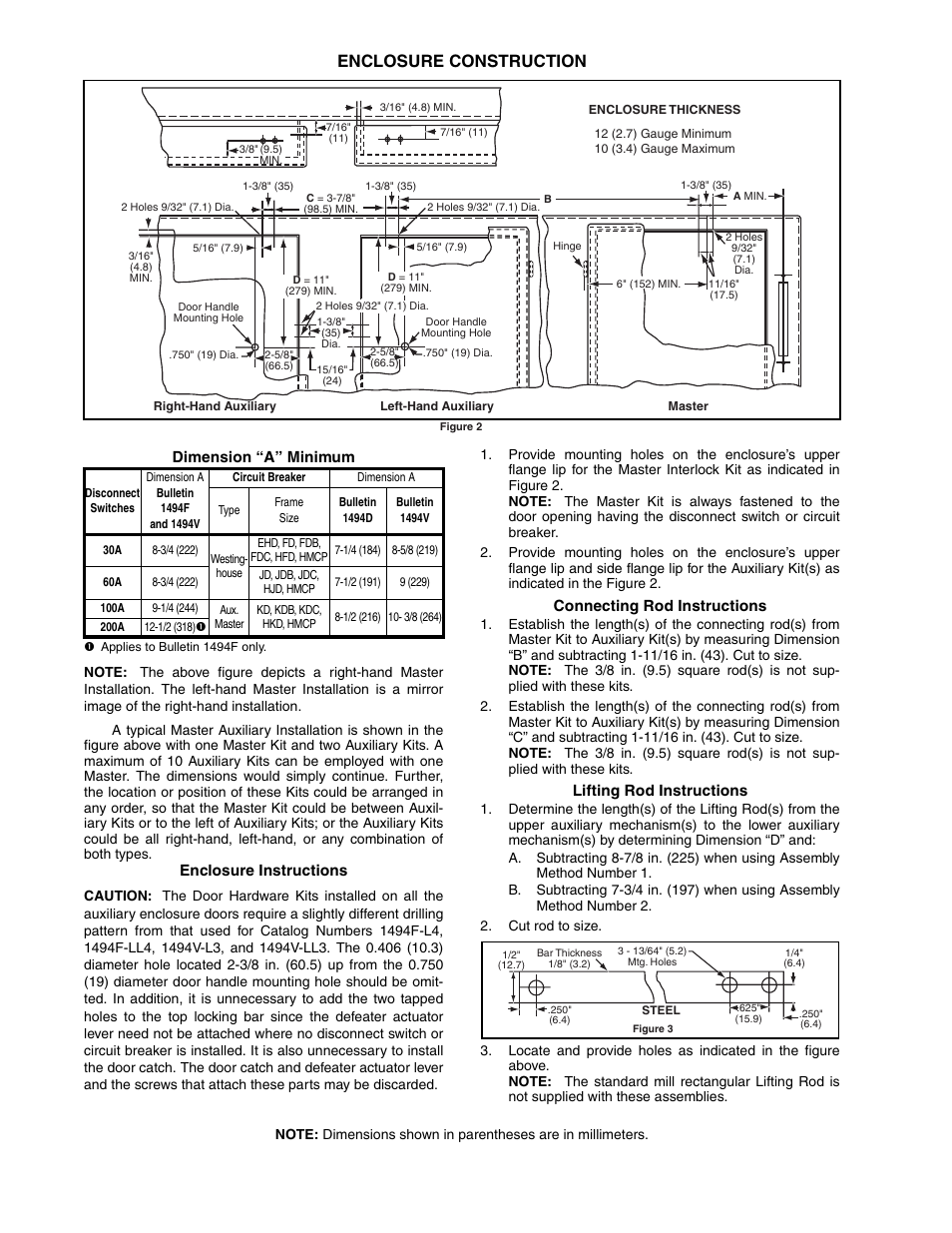 Enclosure construction, Dimension “a” minimum, Enclosure instructions | Connecting rod instructions, Lifting rod instructions | Rockwell Automation 1494 Multiple Door Interlock Method of Assembly - Instructions User Manual | Page 2 / 4