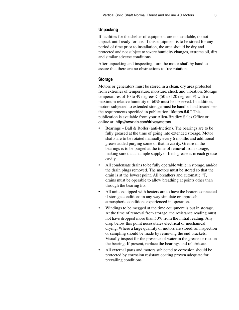 Unpacking, Storage | Rockwell Automation 1329R Vertical Mount, In-Line AC Motors User Manual | Page 3 / 12