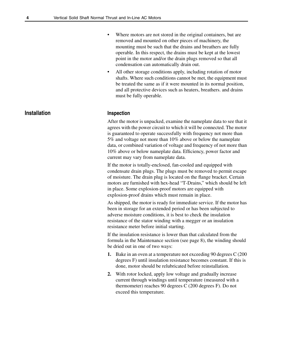 Installation, Inspection | Rockwell Automation 1329R Vertical Mount, In-Line AC Motors User Manual | Page 4 / 12