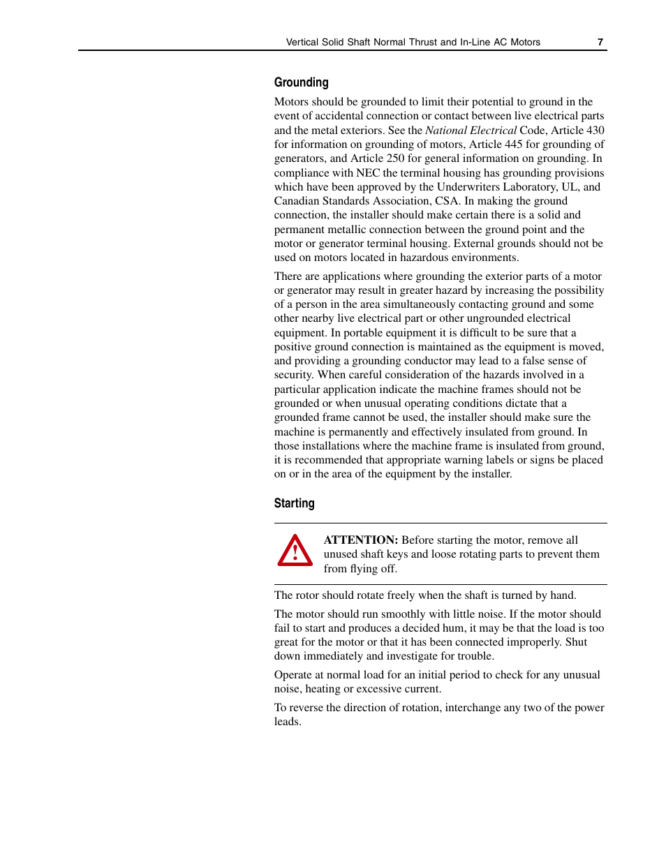 Grounding, Starting | Rockwell Automation 1329R Vertical Mount, In-Line AC Motors User Manual | Page 7 / 12