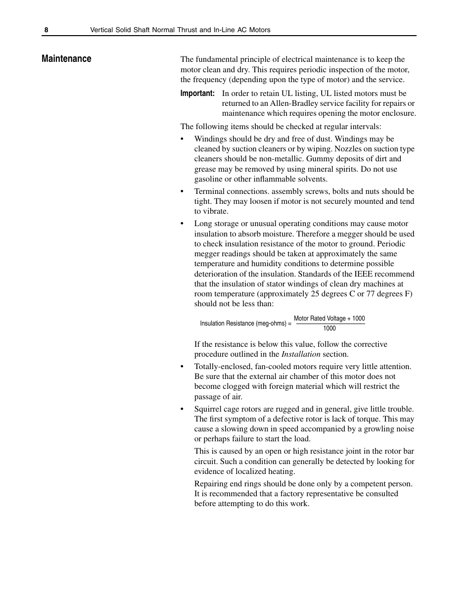 Maintenance | Rockwell Automation 1329R Vertical Mount, In-Line AC Motors User Manual | Page 8 / 12