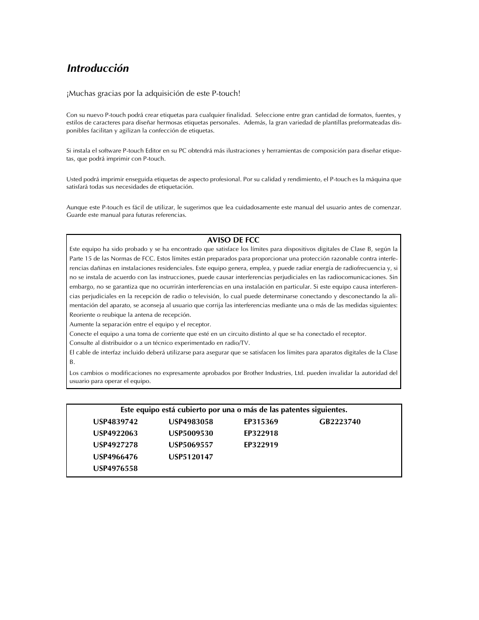 Introducción, Muchas gracias por la adquisición de este p-touch, Aviso de fcc | Brother PT-9400 User Manual | Page 107 / 150