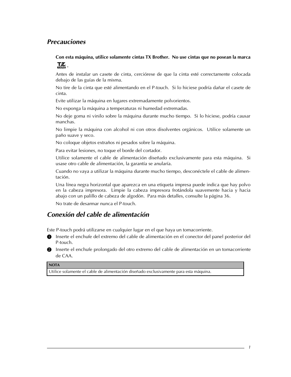 Precauciones, Conexión del cable de alimentación, Precauciones conexión del cable de alimentación | Brother PT-9400 User Manual | Page 110 / 150