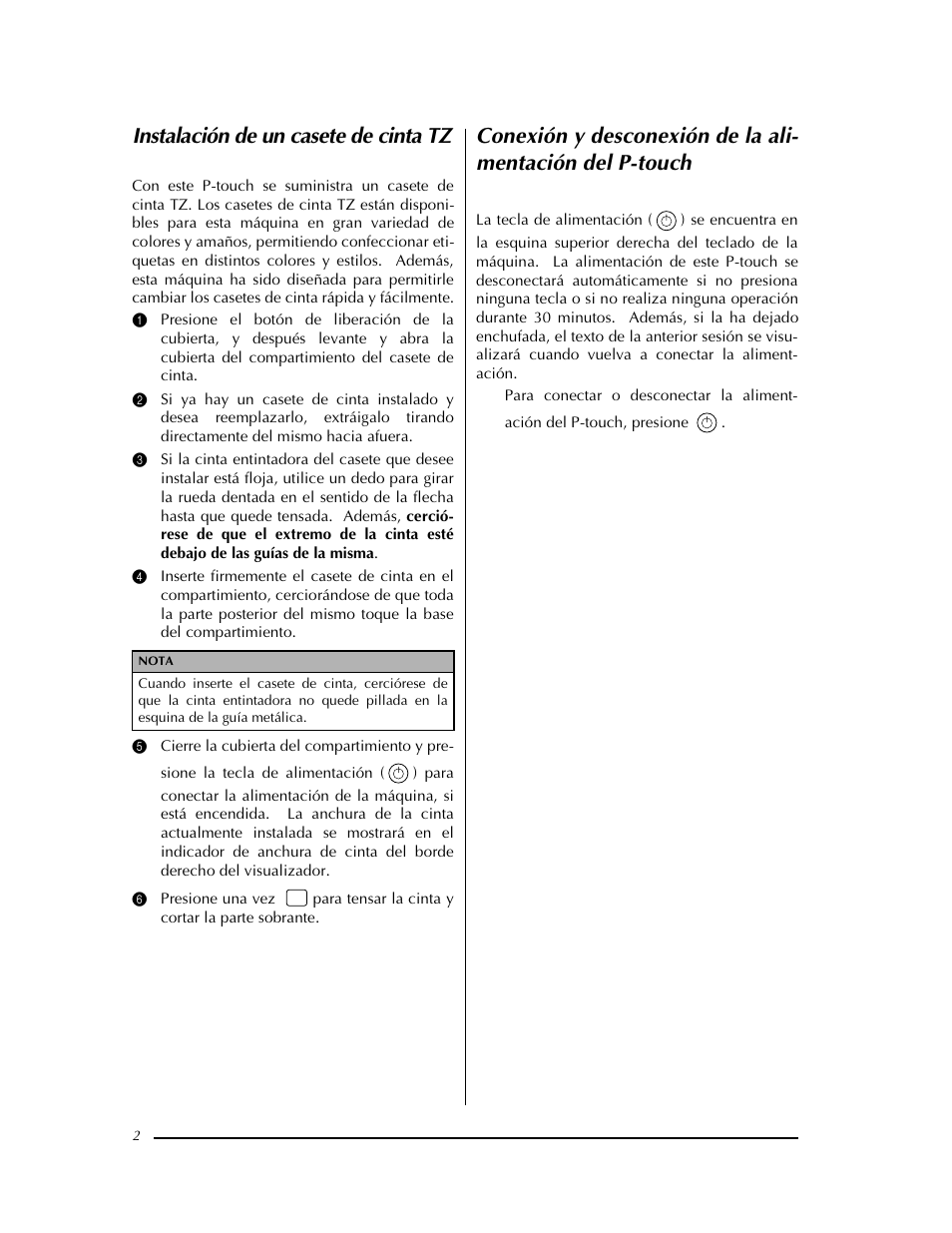 Instalación de un casete de cinta tz, Conexión y desconexión de la ali, Mentación del p-touch | Brother PT-9400 User Manual | Page 111 / 150