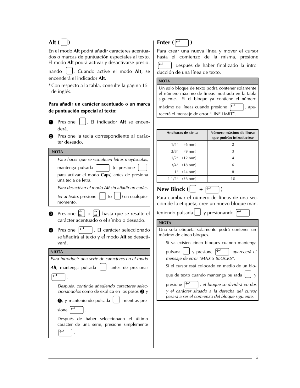 Alt ( ), Enter ( ), New block ( + ) | Brother PT-9400 User Manual | Page 114 / 150