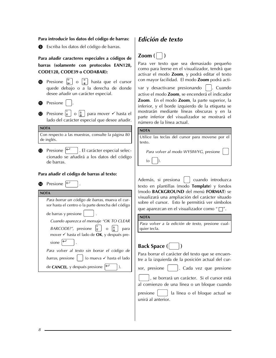 Edición de texto, Zoom ( ), Back space ( ) | Brother PT-9400 User Manual | Page 117 / 150