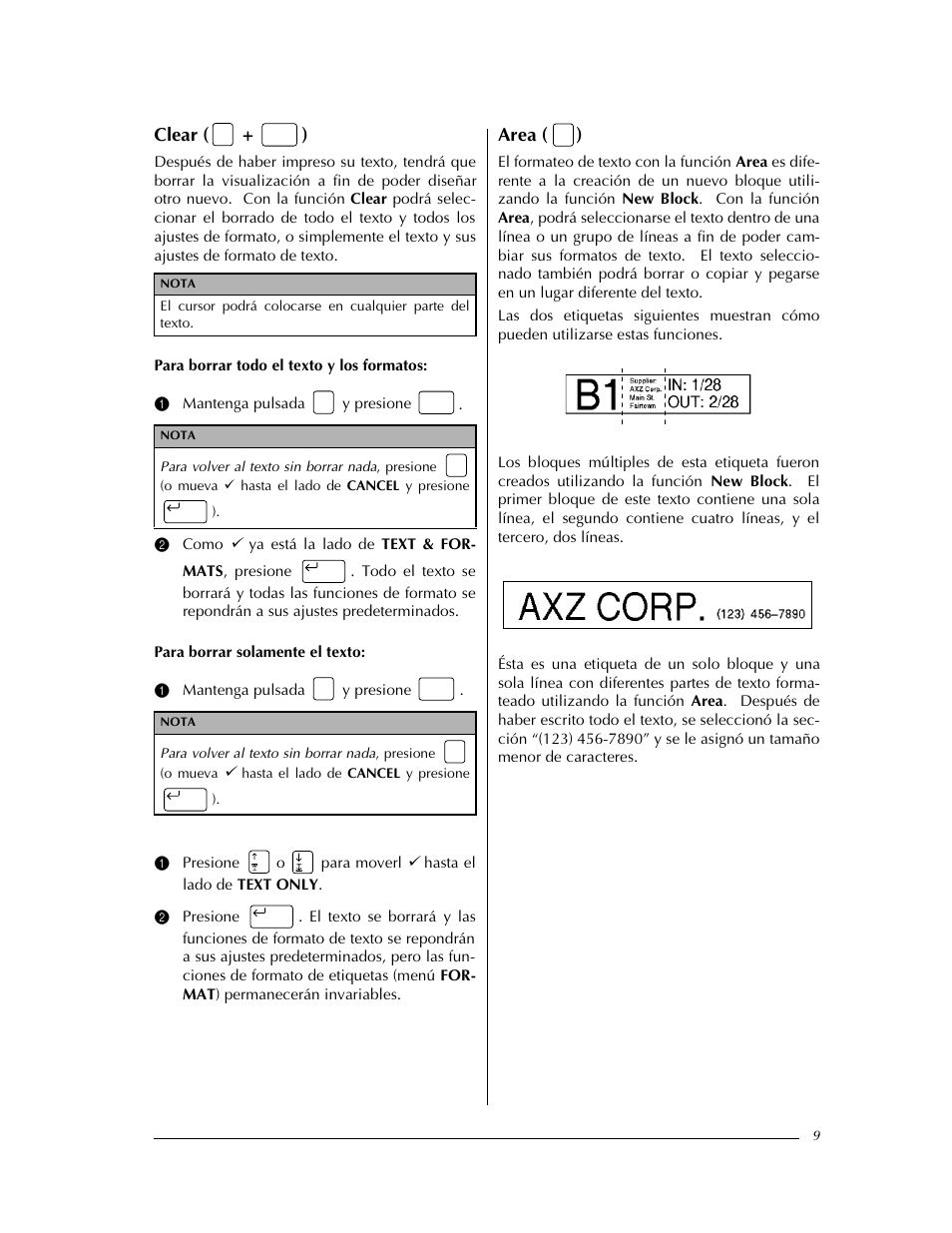 Clear ( + ), Area ( ) | Brother PT-9400 User Manual | Page 118 / 150