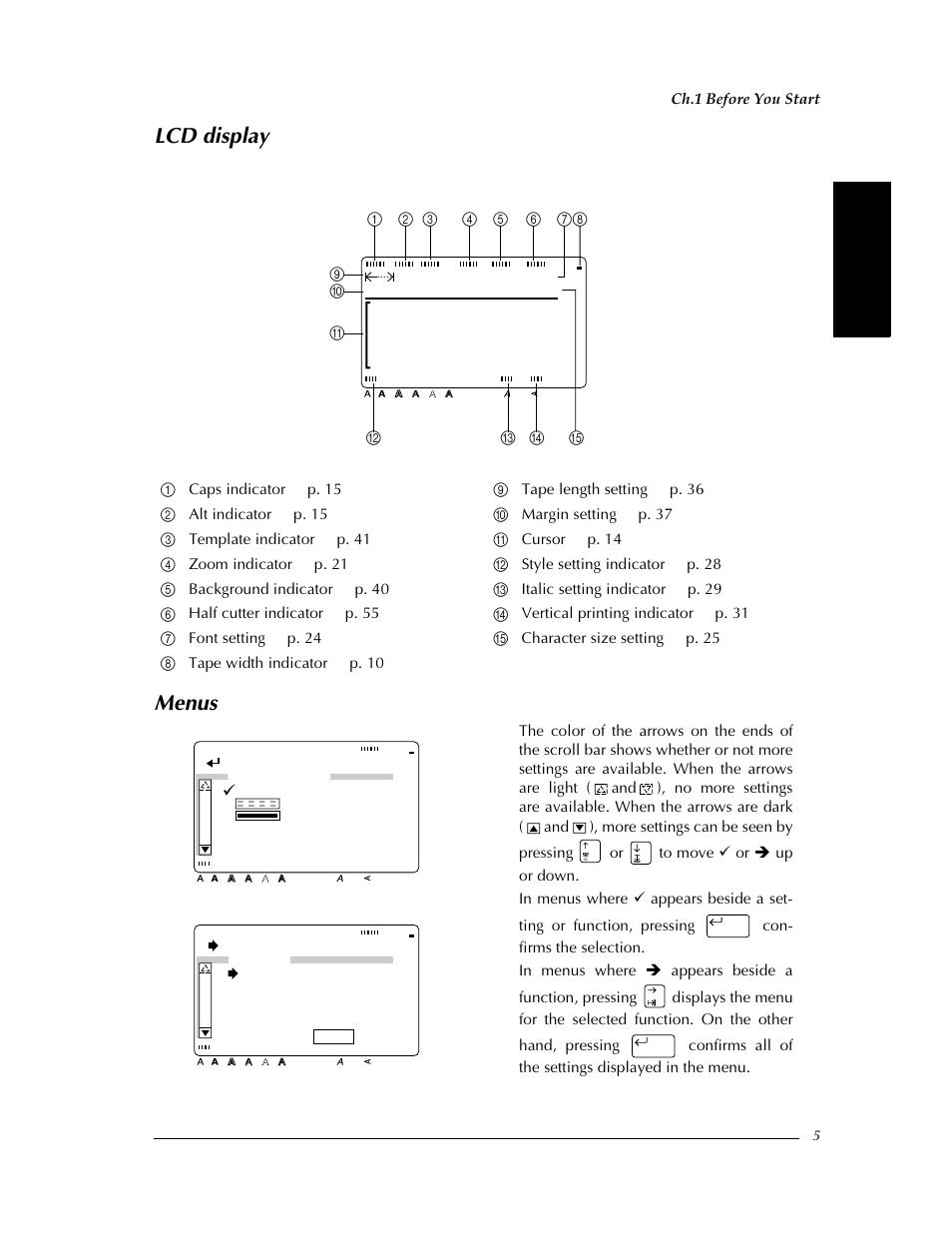 Lcd display, Menus, Lcd display menus | Margin:wide auto 0.0" helsi, Confirm, Background, Change settings | Brother PT-9400 User Manual | Page 12 / 150